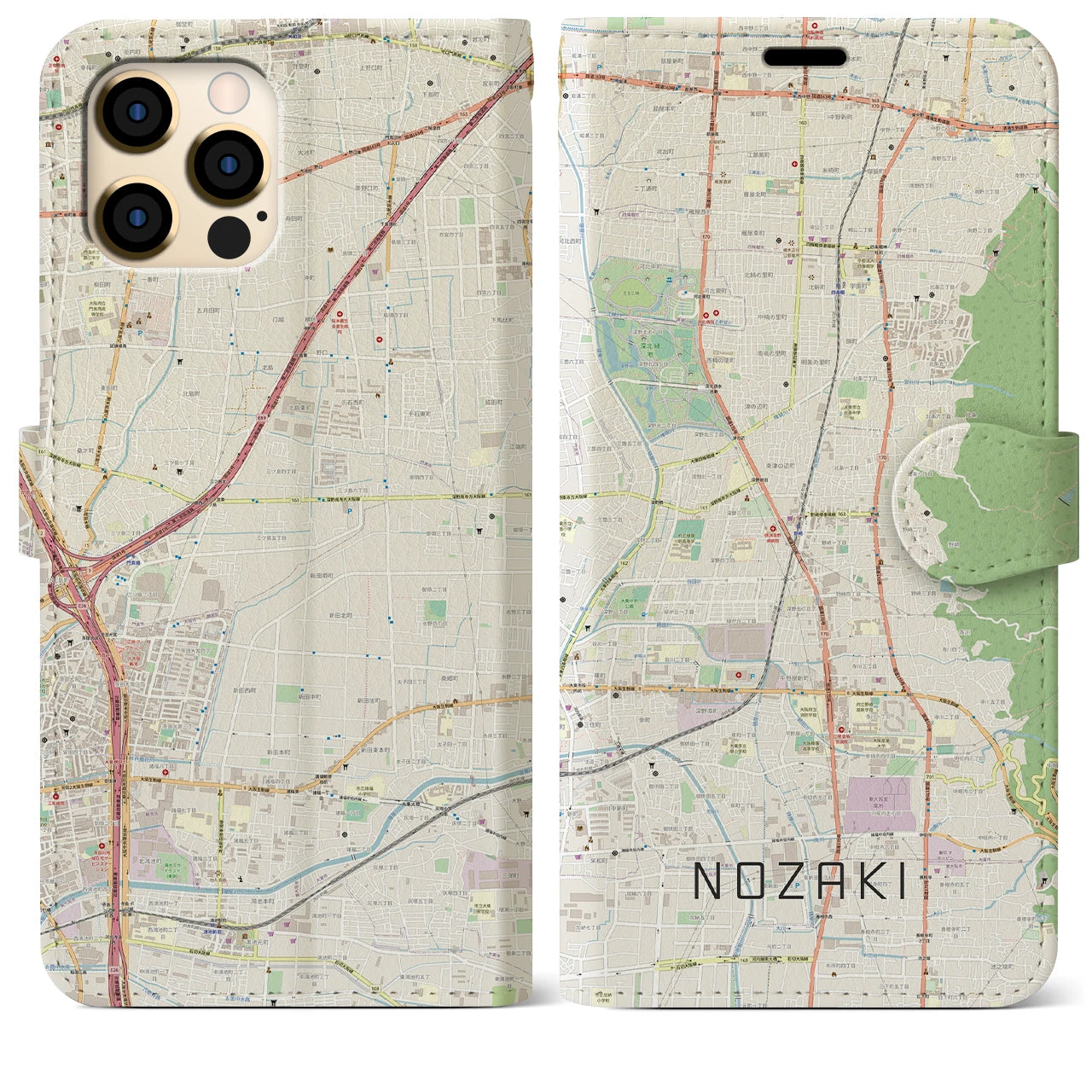 【野崎】地図柄iPhoneケース（手帳両面タイプ・ナチュラル）iPhone 12 Pro Max 用