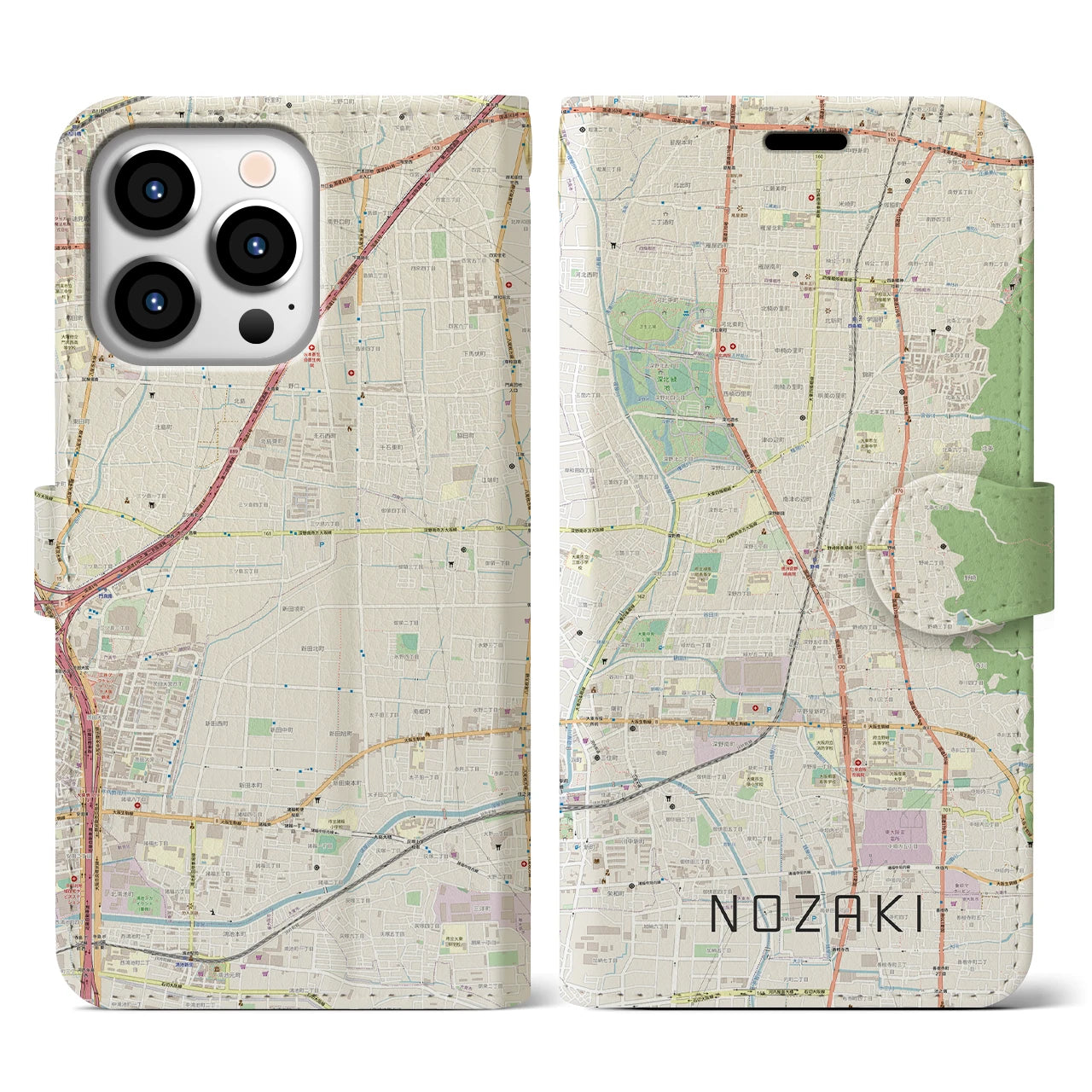 【野崎】地図柄iPhoneケース（手帳両面タイプ・ナチュラル）iPhone 13 Pro 用