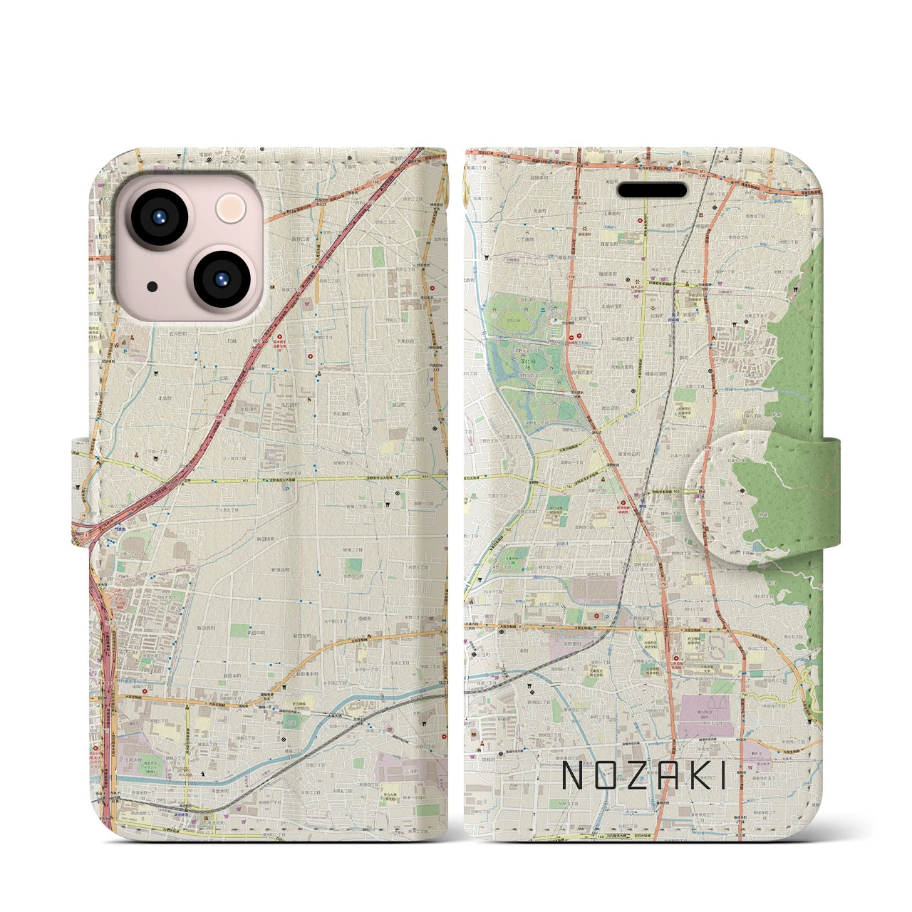 【野崎】地図柄iPhoneケース（手帳両面タイプ・ナチュラル）iPhone 13 mini 用