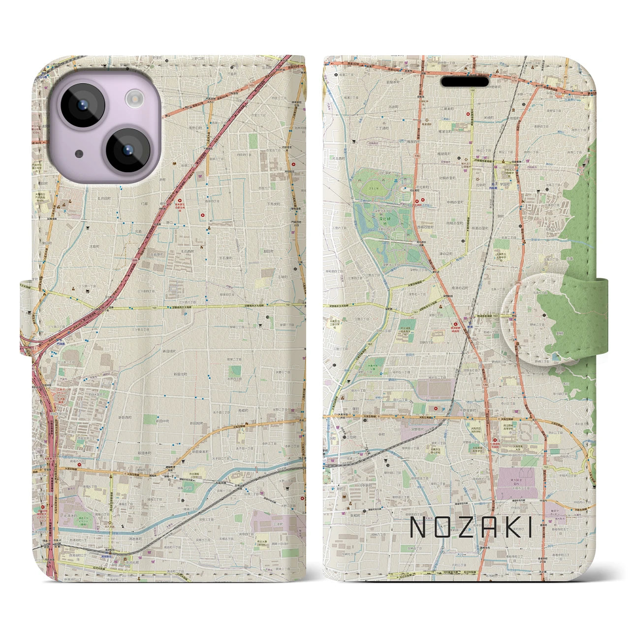 【野崎】地図柄iPhoneケース（手帳両面タイプ・ナチュラル）iPhone 14 用