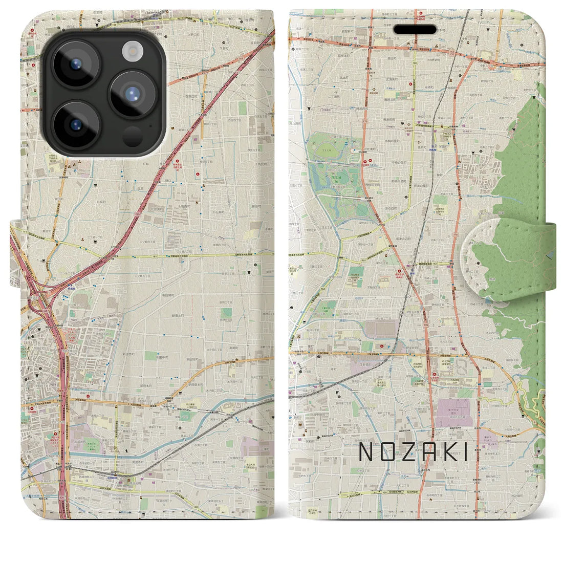 【野崎】地図柄iPhoneケース（手帳両面タイプ・ナチュラル）iPhone 15 Pro Max 用