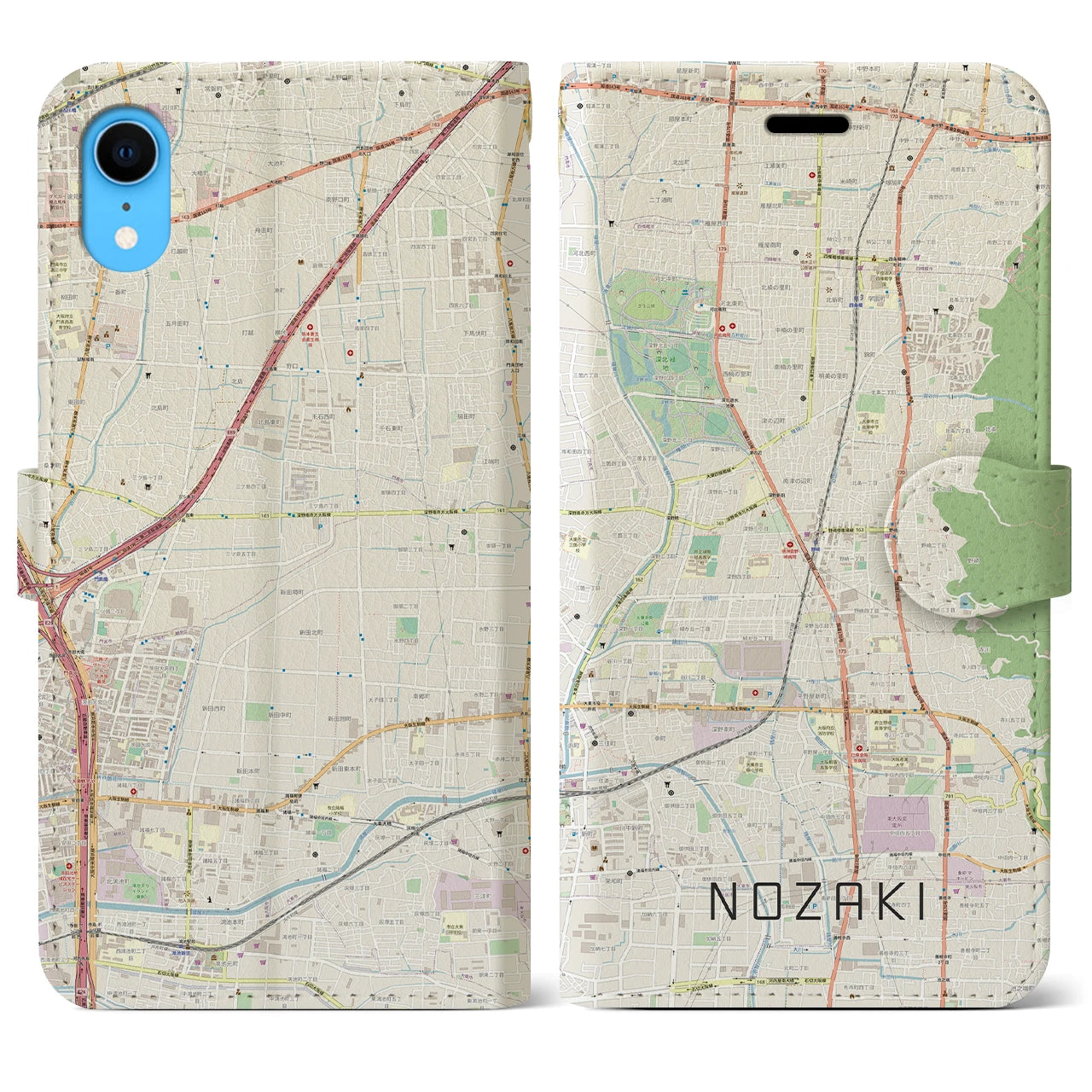 【野崎】地図柄iPhoneケース（手帳両面タイプ・ナチュラル）iPhone XR 用