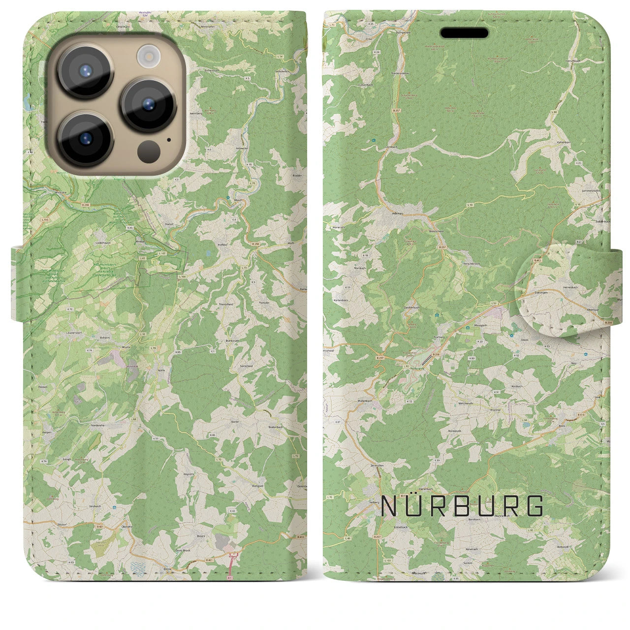 【ニュルブルク】地図柄iPhoneケース（手帳両面タイプ・ナチュラル）iPhone 14 Pro Max 用