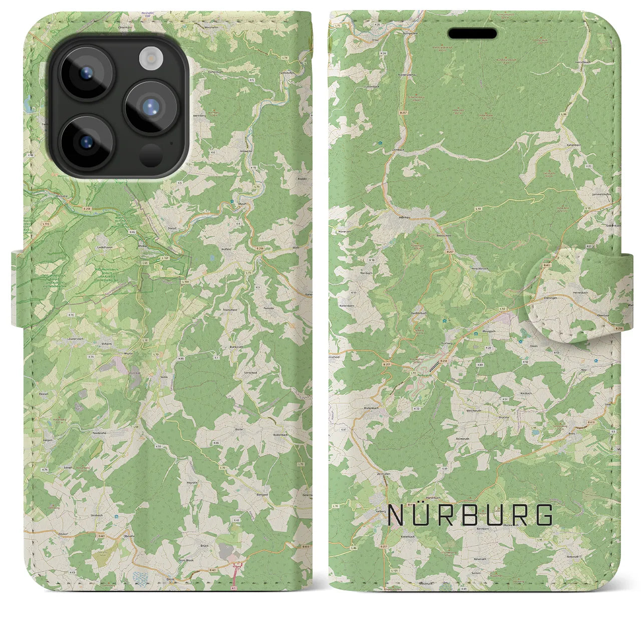 【ニュルブルク】地図柄iPhoneケース（手帳両面タイプ・ナチュラル）iPhone 15 Pro Max 用