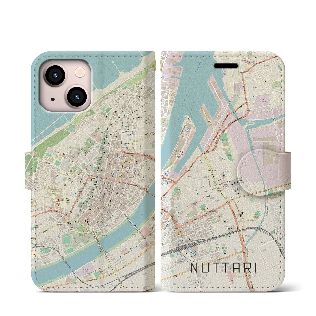 【沼垂】地図柄iPhoneケース（手帳両面タイプ・ナチュラル）iPhone 13 mini 用