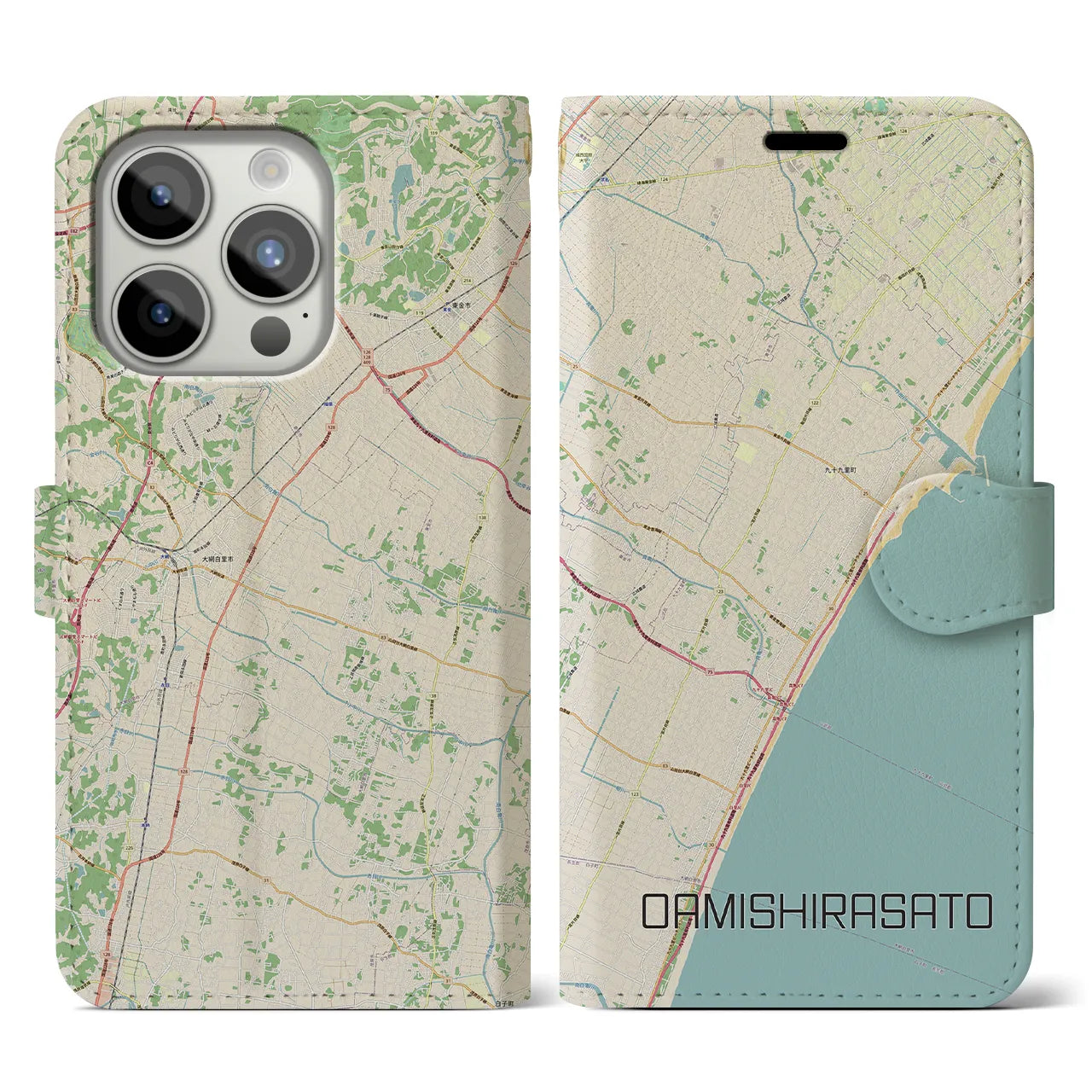 【大網白里】地図柄iPhoneケース（手帳両面タイプ・ナチュラル）iPhone 15 Pro 用