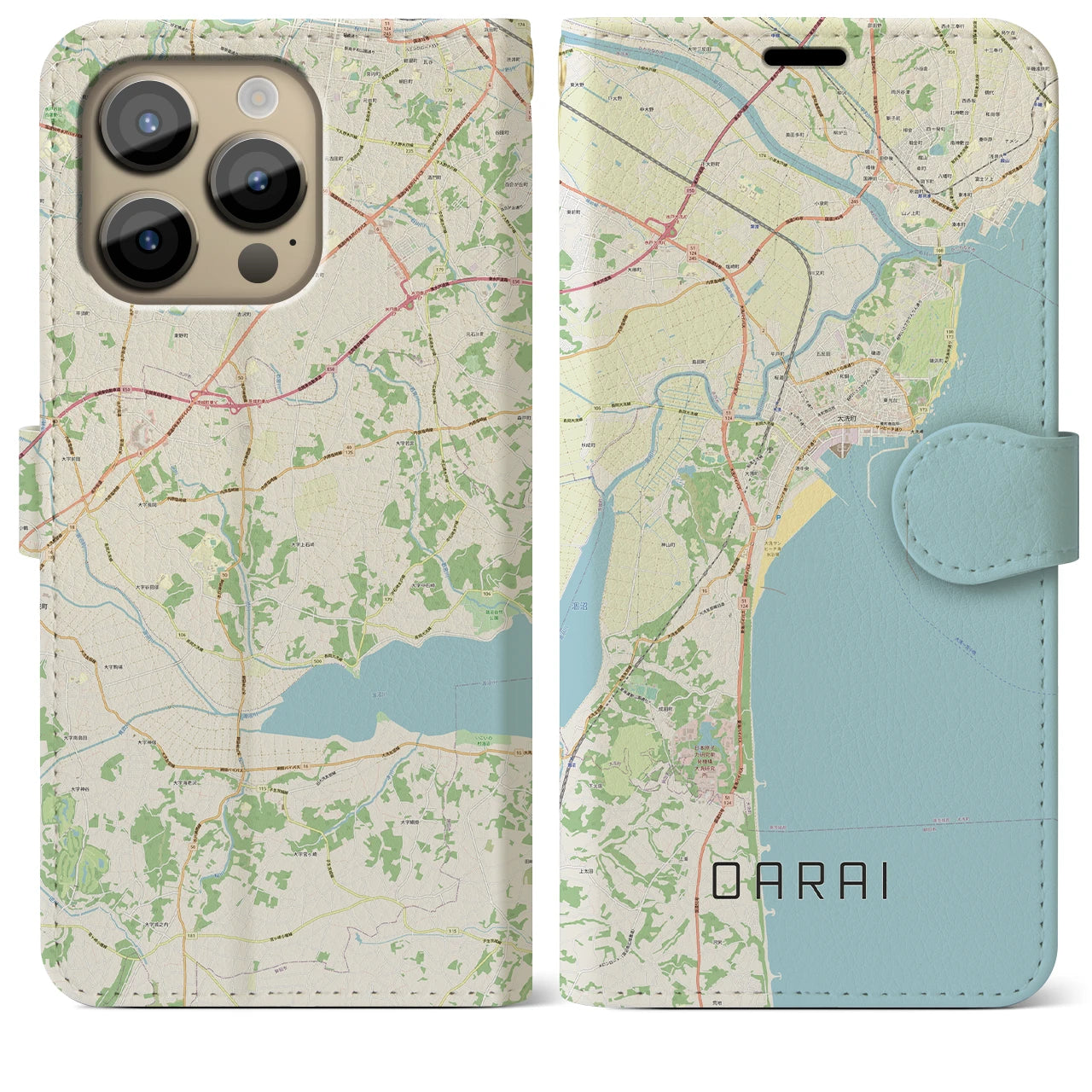 【大洗】地図柄iPhoneケース（手帳両面タイプ・ナチュラル）iPhone 14 Pro Max 用
