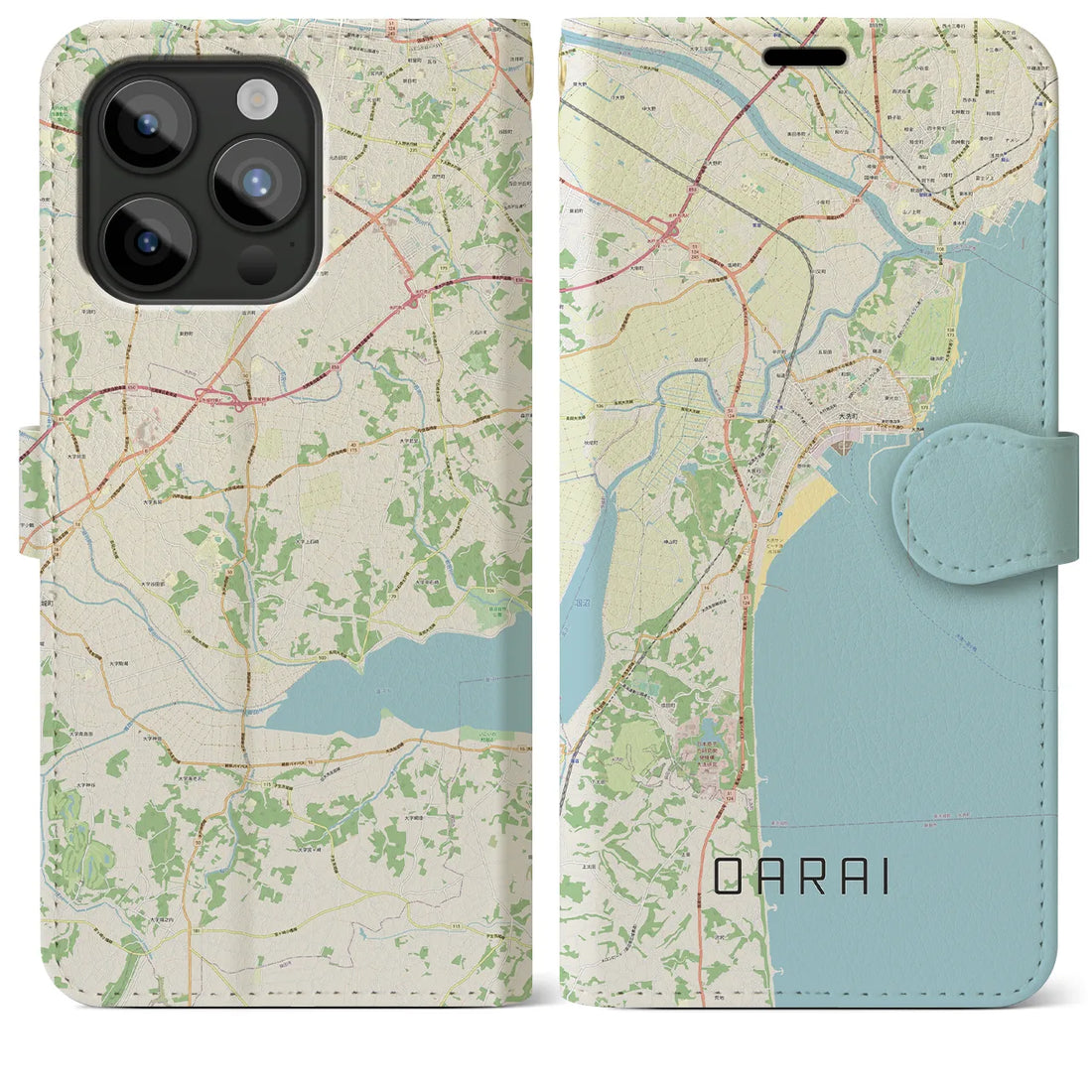 【大洗】地図柄iPhoneケース（手帳両面タイプ・ナチュラル）iPhone 15 Pro Max 用