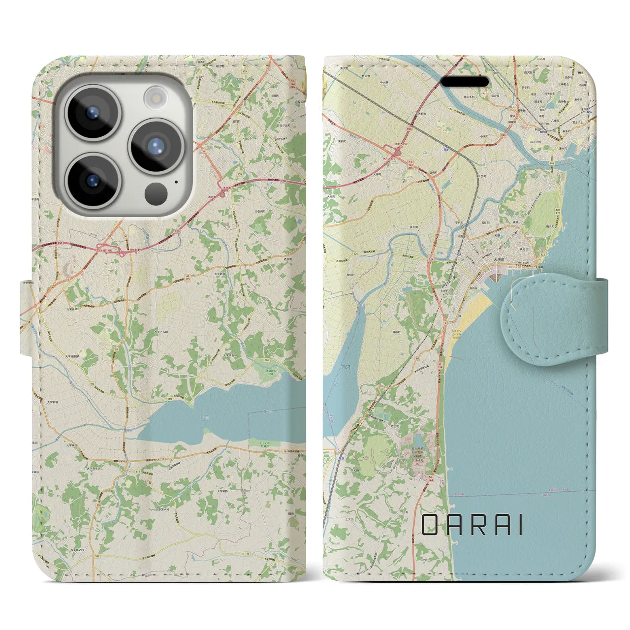 【大洗】地図柄iPhoneケース（手帳両面タイプ・ナチュラル）iPhone 15 Pro 用