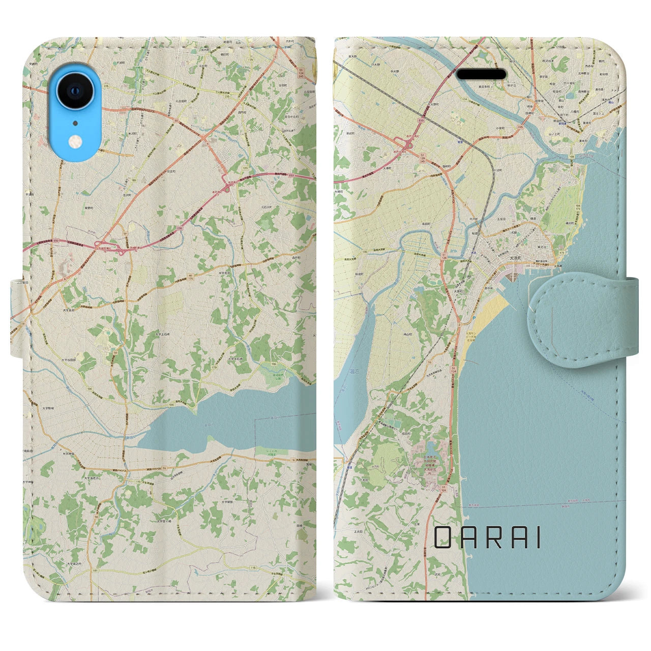 【大洗】地図柄iPhoneケース（手帳両面タイプ・ナチュラル）iPhone XR 用