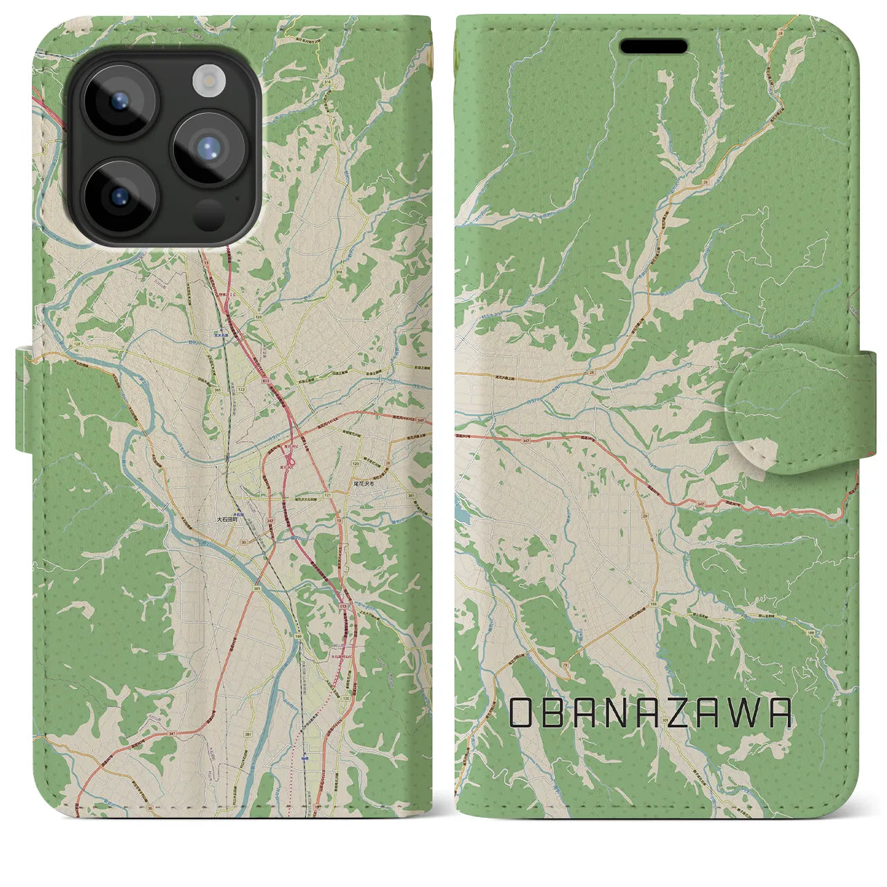 【尾花沢】地図柄iPhoneケース（手帳両面タイプ・ナチュラル）iPhone 15 Pro Max 用