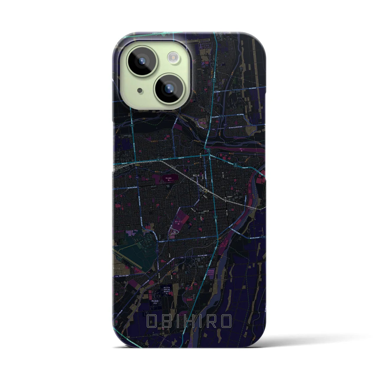 【帯広】地図柄iPhoneケース（バックカバータイプ・ブラック）iPhone 15 用