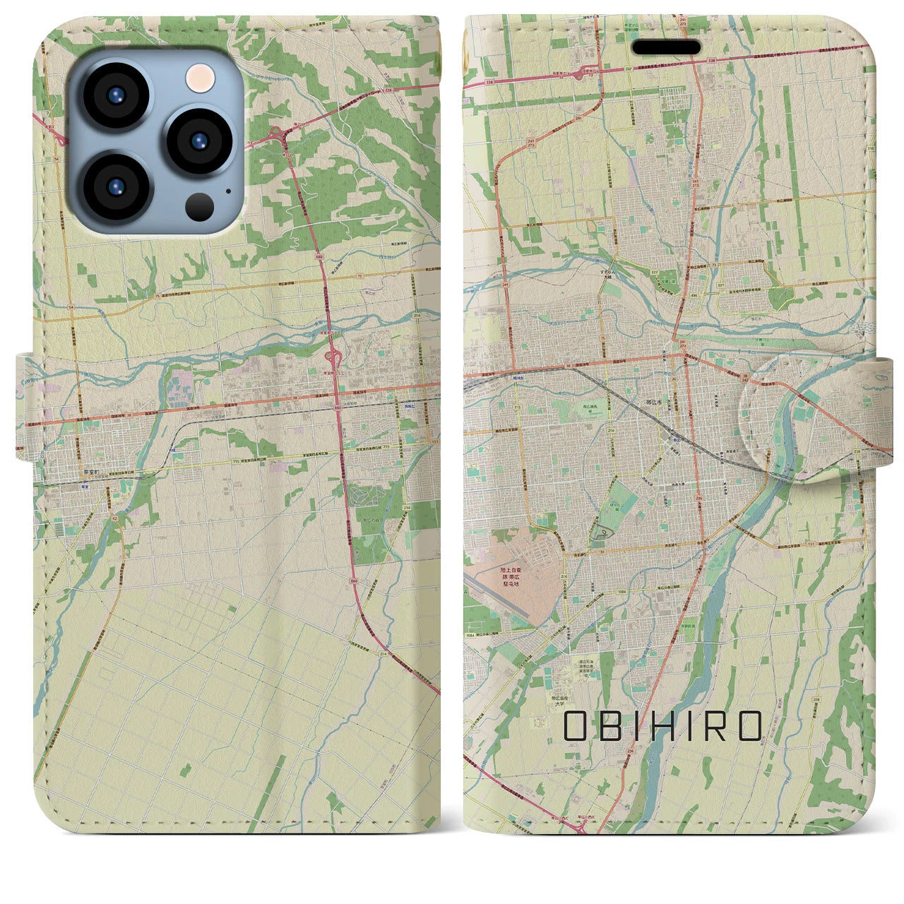 【帯広】地図柄iPhoneケース（手帳両面タイプ・ナチュラル）iPhone 13 Pro Max 用