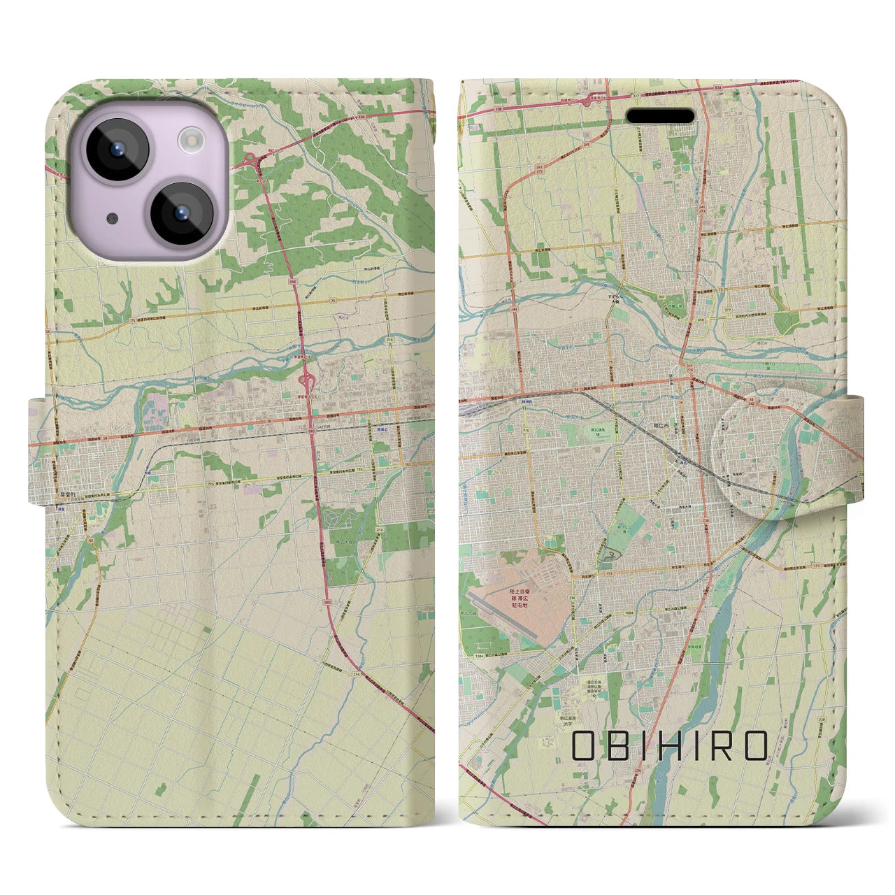 【帯広】地図柄iPhoneケース（手帳両面タイプ・ナチュラル）iPhone 14 用