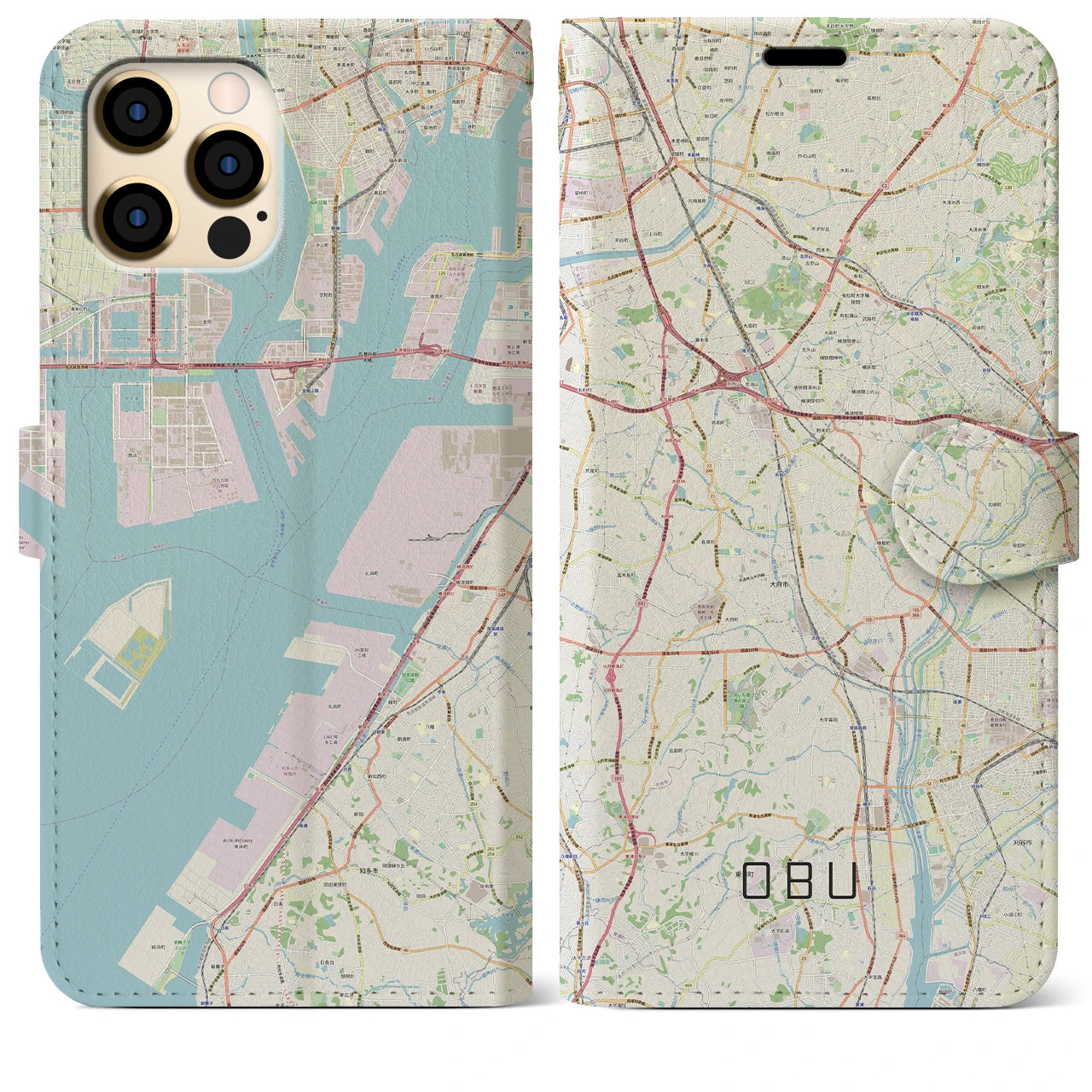 【大府（愛知県）】地図柄iPhoneケース（手帳タイプ）ナチュラル・iPhone 12 Pro Max 用