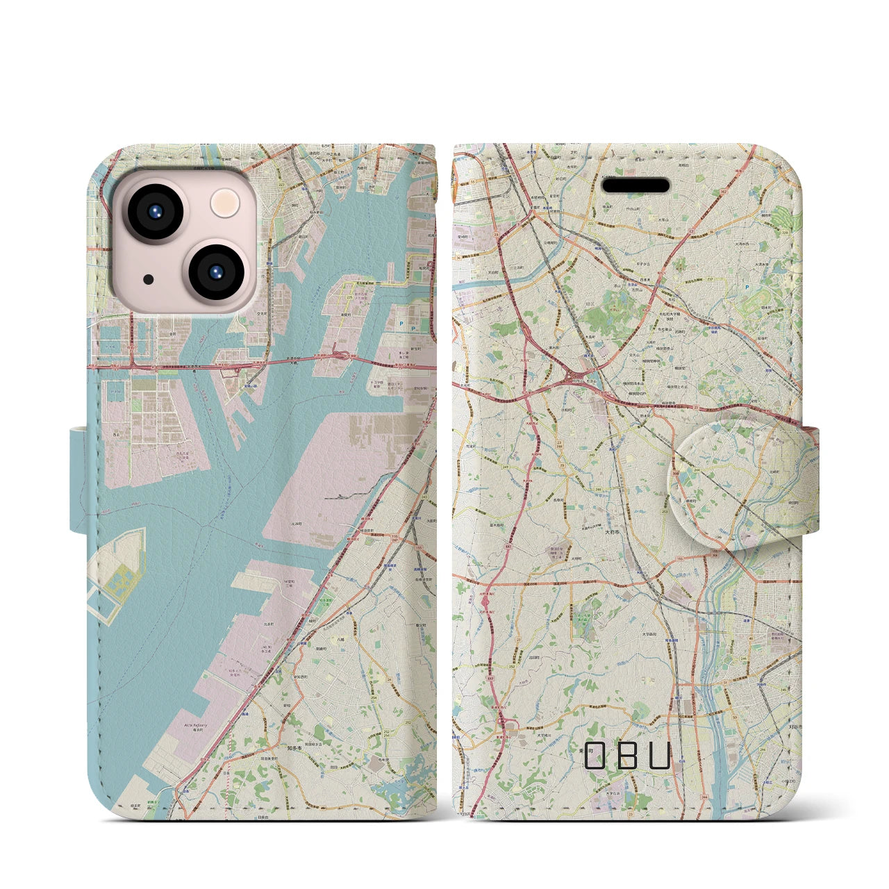 【大府（愛知県）】地図柄iPhoneケース（手帳タイプ）ナチュラル・iPhone 13 mini 用