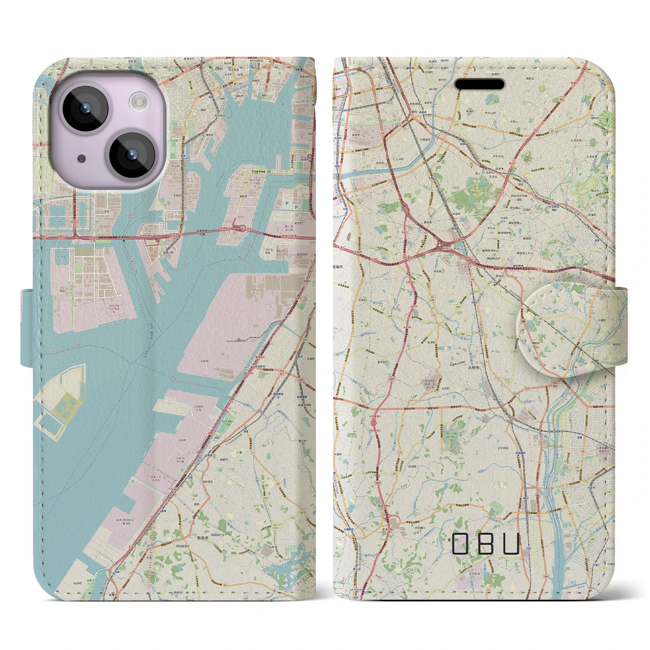 【大府（愛知県）】地図柄iPhoneケース（手帳タイプ）ナチュラル・iPhone 14 用