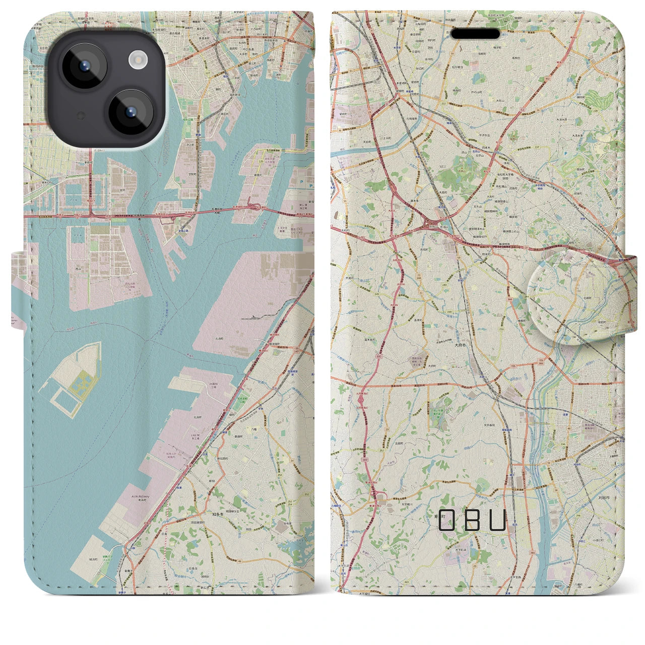 【大府（愛知県）】地図柄iPhoneケース（手帳タイプ）ナチュラル・iPhone 14 Plus 用