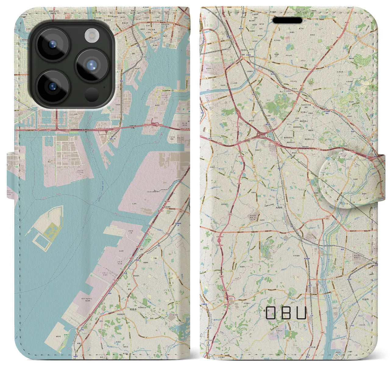 【大府（愛知県）】地図柄iPhoneケース（手帳タイプ）ナチュラル・iPhone 15 Pro Max 用