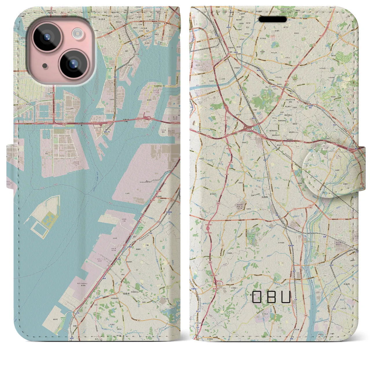 【大府】地図柄iPhoneケース（手帳両面タイプ・ナチュラル）iPhone 15 Plus 用