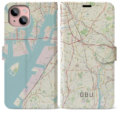 【大府（愛知県）】地図柄iPhoneケース（手帳タイプ）ナチュラル・iPhone 15 Plus 用