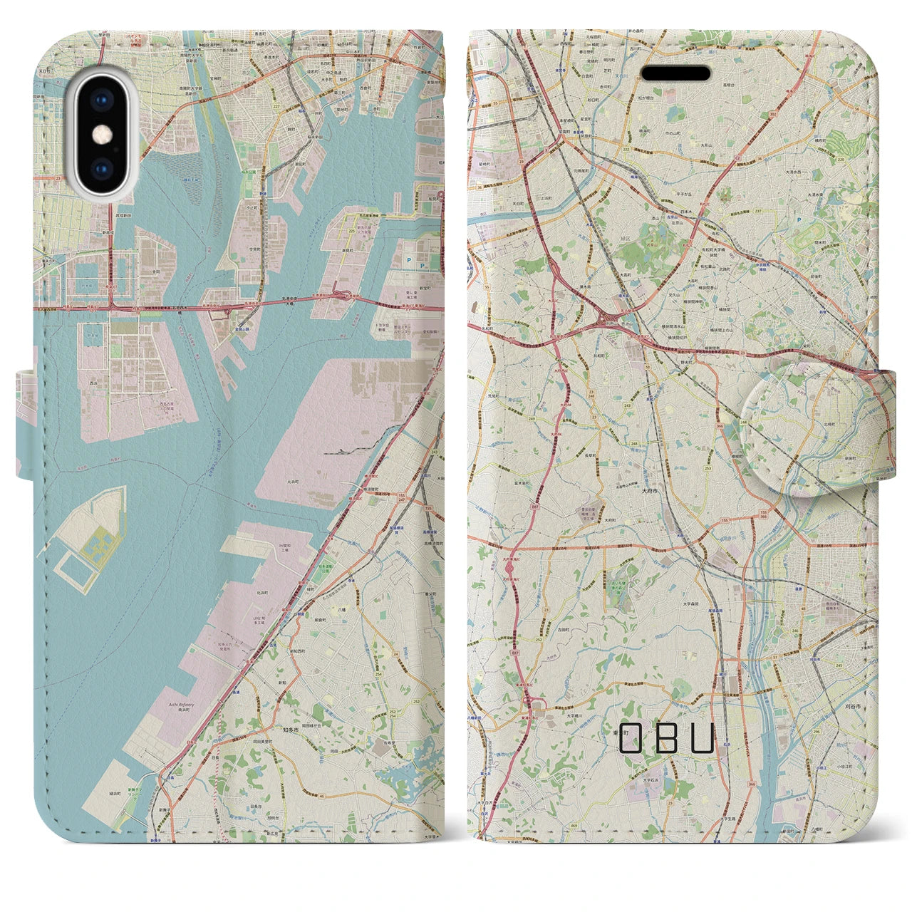 【大府（愛知県）】地図柄iPhoneケース（手帳タイプ）ナチュラル・iPhone XS Max 用