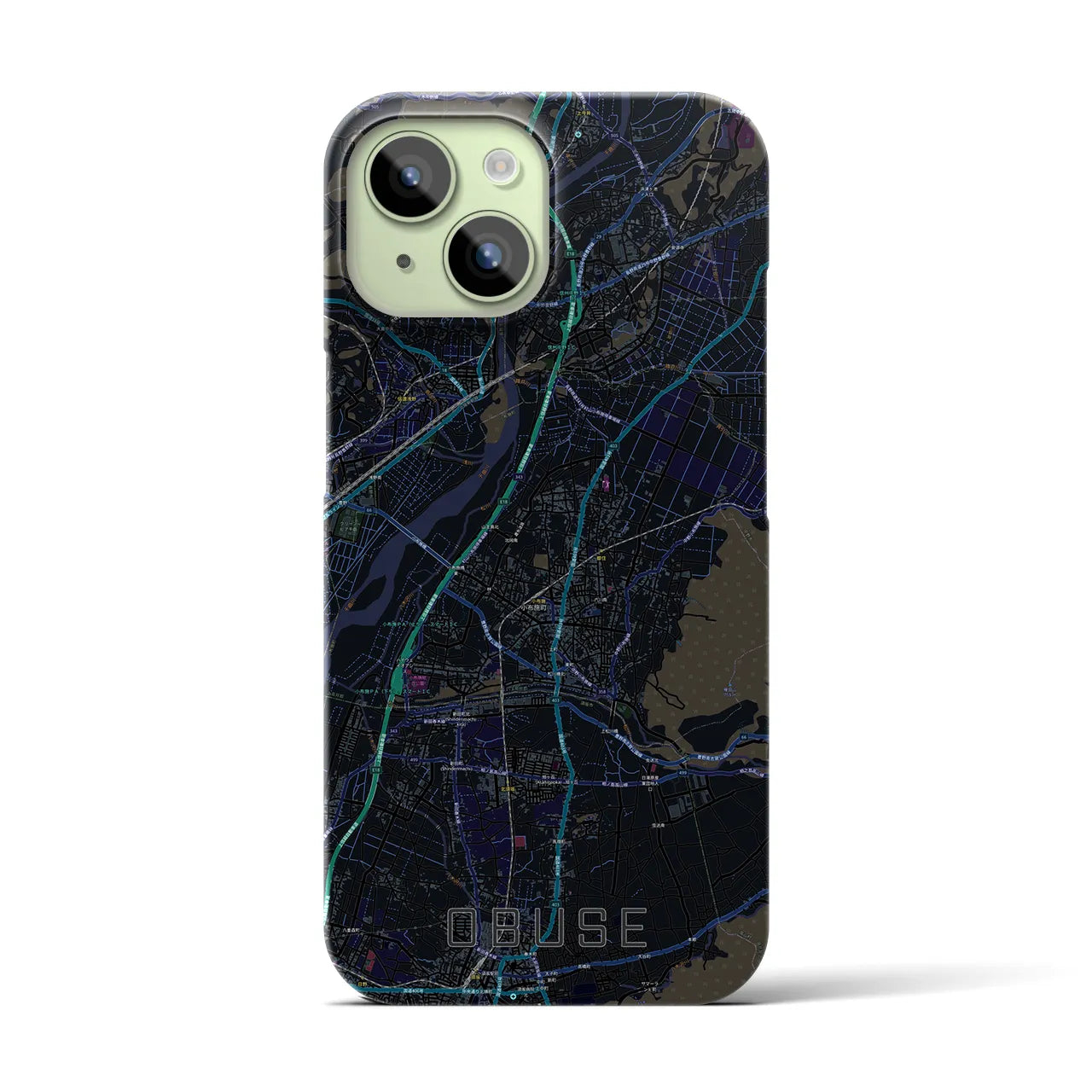 【小布施】地図柄iPhoneケース（バックカバータイプ・ブラック）iPhone 15 用