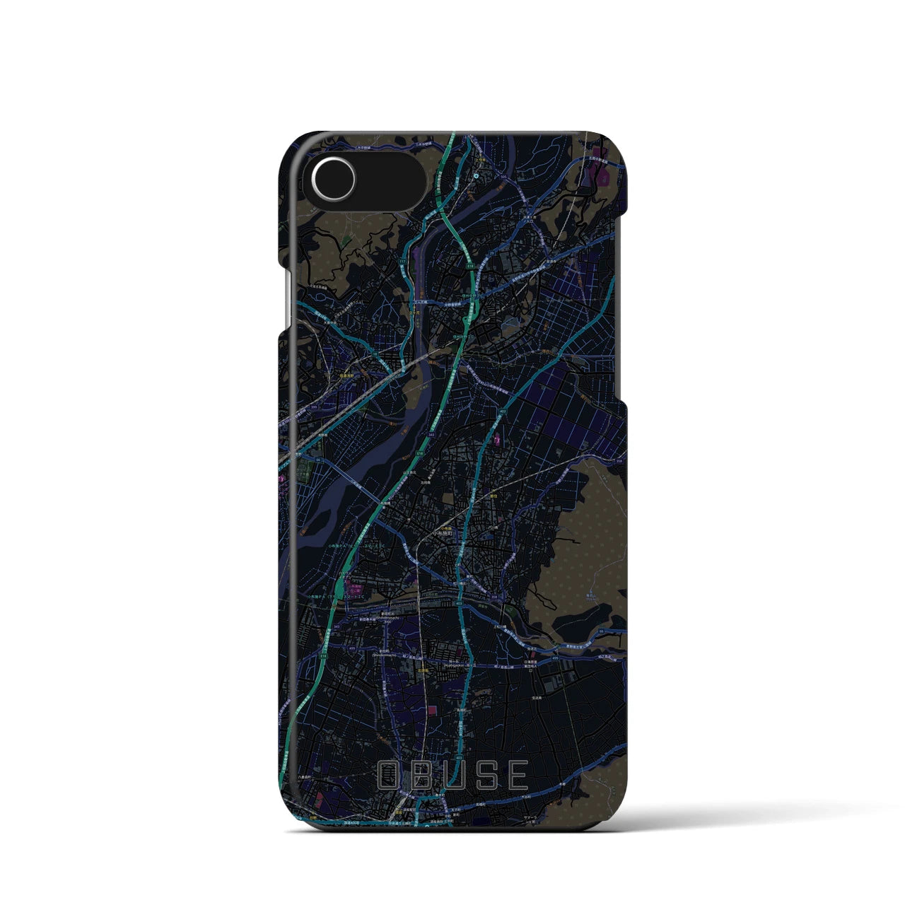 【小布施】地図柄iPhoneケース（バックカバータイプ・ブラック）iPhone SE（第3 / 第2世代） / 8 / 7 / 6s / 6 用