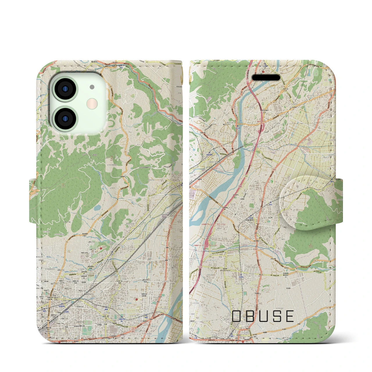 【小布施】地図柄iPhoneケース（手帳両面タイプ・ナチュラル）iPhone 12 mini 用