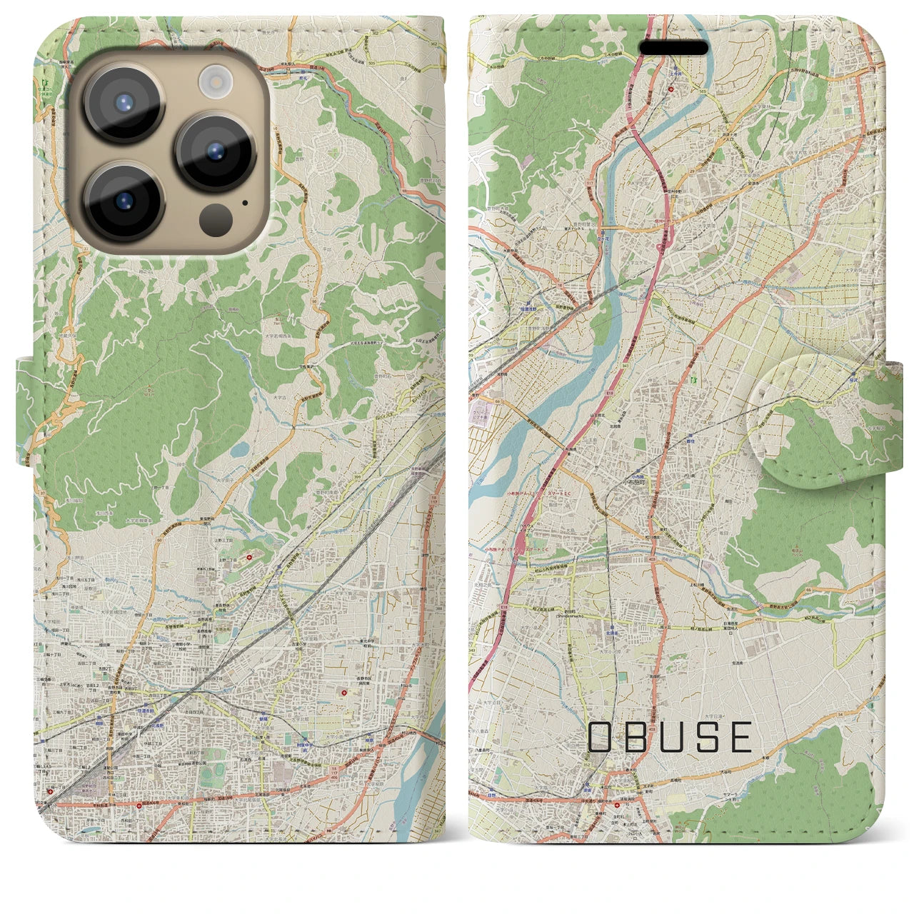 【小布施】地図柄iPhoneケース（手帳両面タイプ・ナチュラル）iPhone 14 Pro Max 用