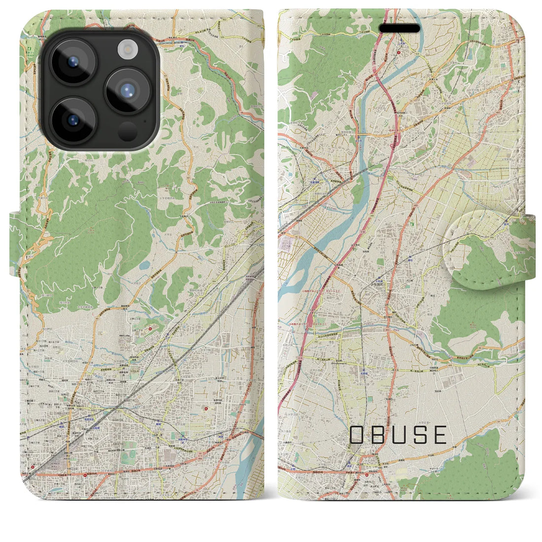 【小布施】地図柄iPhoneケース（手帳両面タイプ・ナチュラル）iPhone 15 Pro Max 用