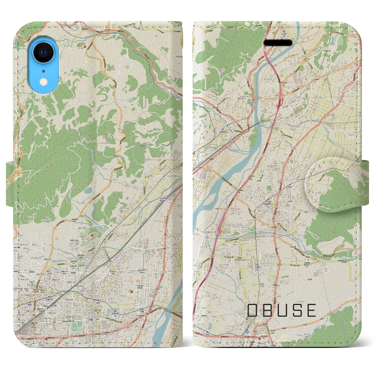 【小布施】地図柄iPhoneケース（手帳両面タイプ・ナチュラル）iPhone XR 用
