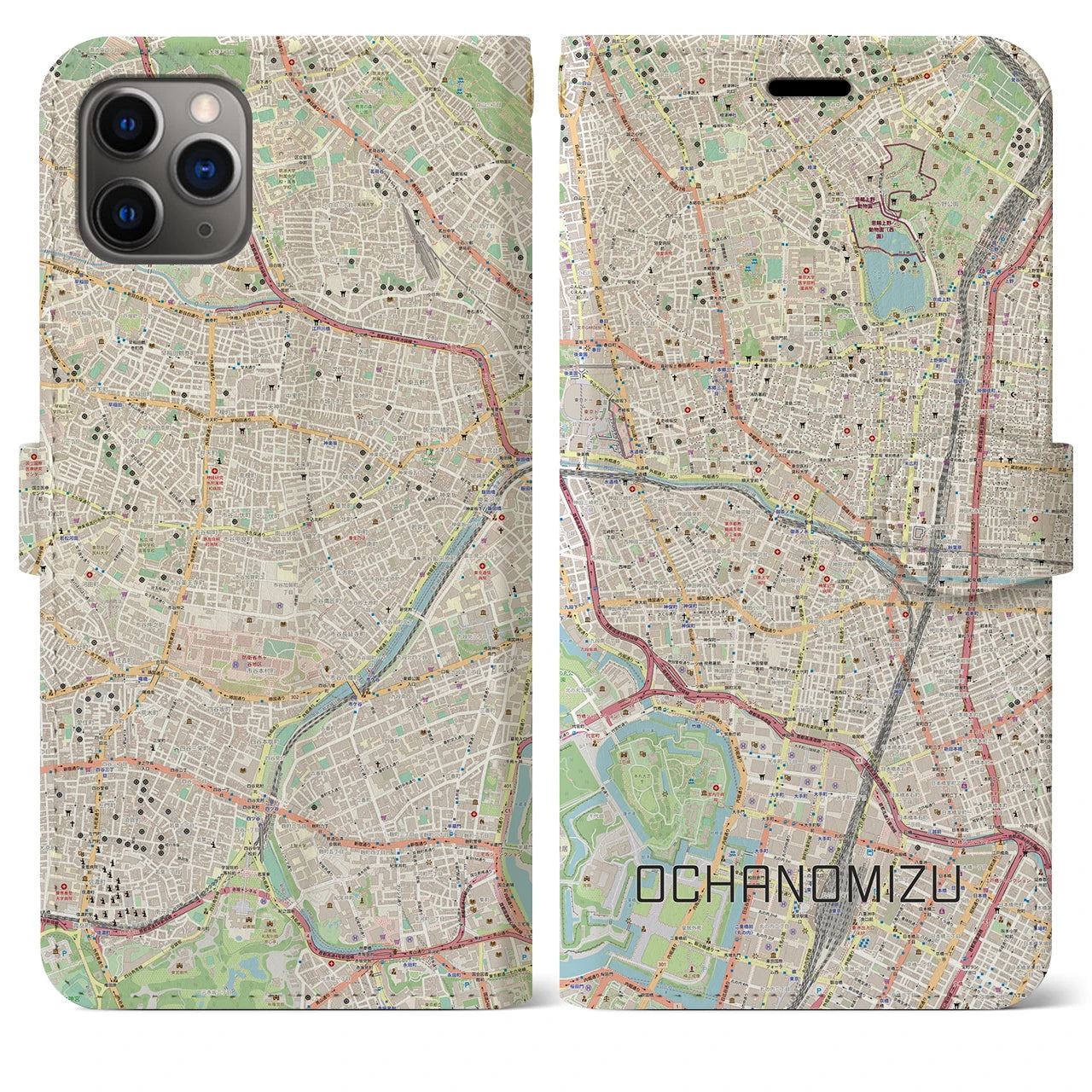 【御茶ノ水】地図柄iPhoneケース（手帳両面タイプ・ナチュラル）iPhone 11 Pro Max 用