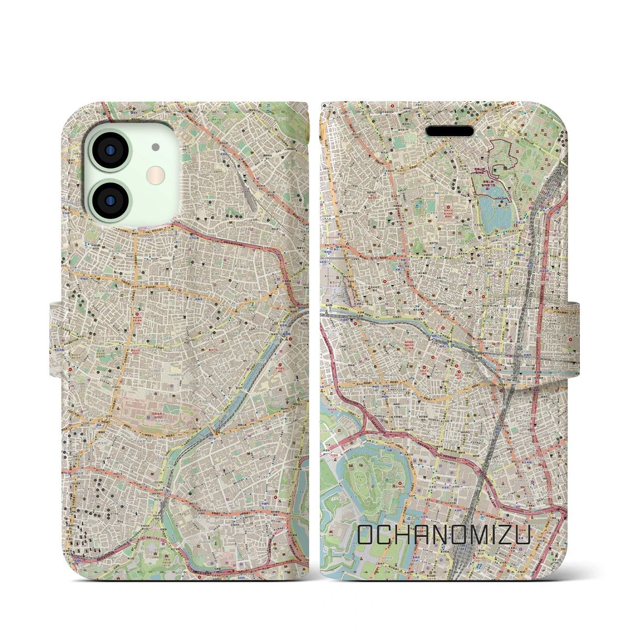 【御茶ノ水】地図柄iPhoneケース（手帳両面タイプ・ナチュラル）iPhone 12 mini 用
