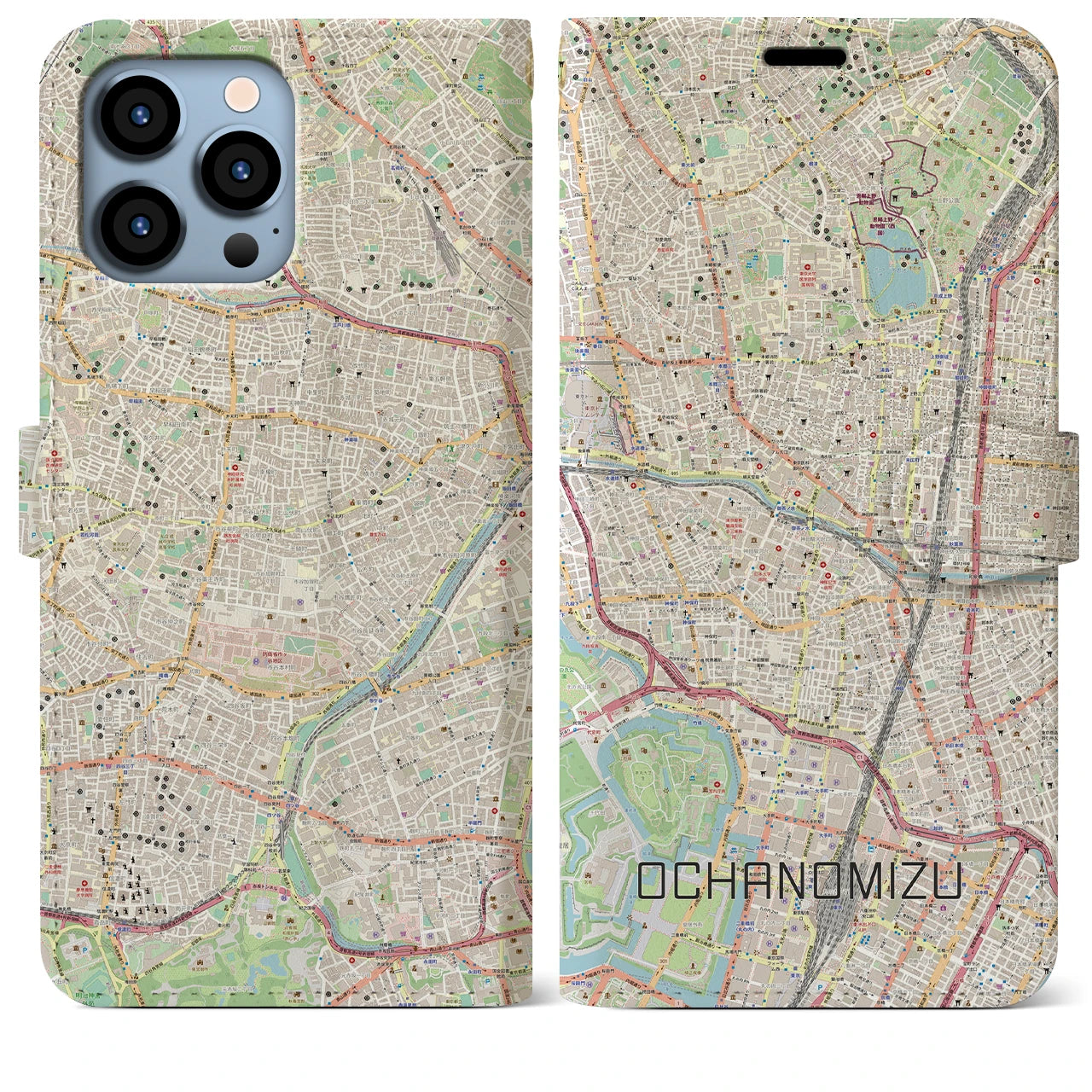 【御茶ノ水】地図柄iPhoneケース（手帳両面タイプ・ナチュラル）iPhone 13 Pro Max 用