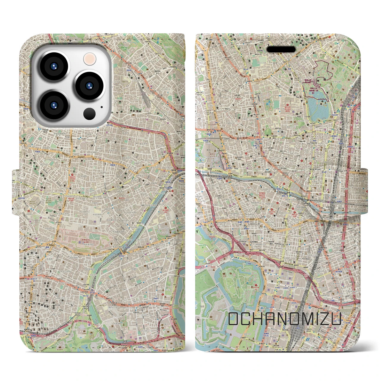 【御茶ノ水】地図柄iPhoneケース（手帳両面タイプ・ナチュラル）iPhone 13 Pro 用