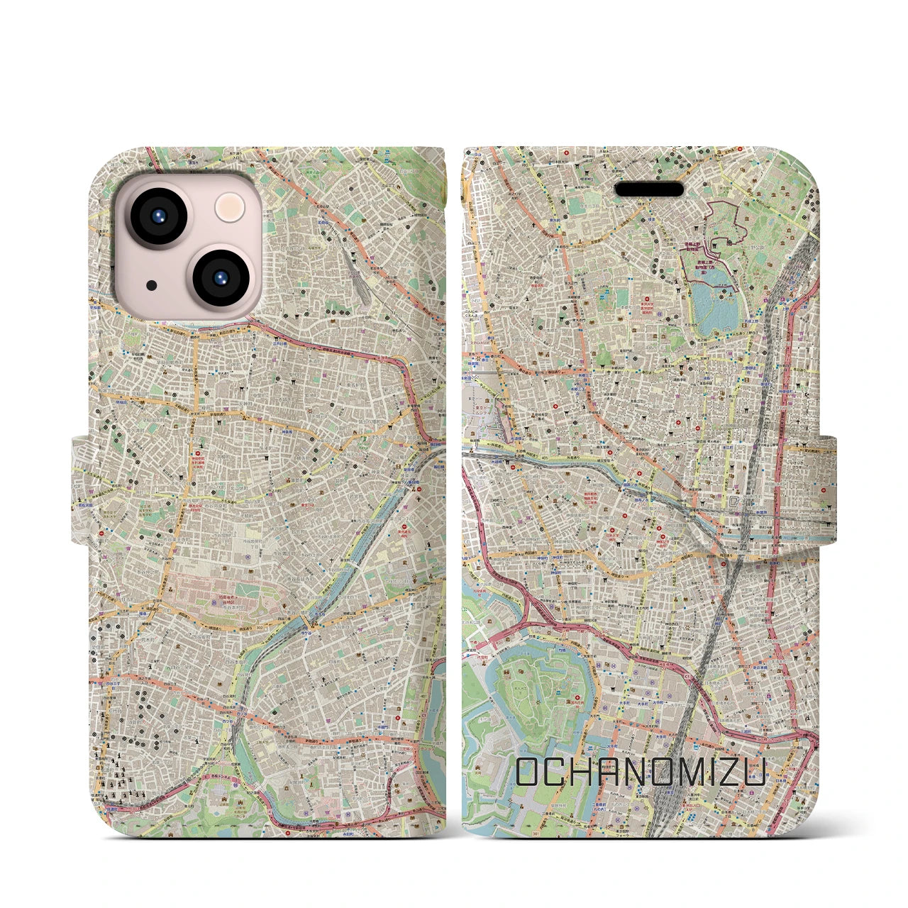 【御茶ノ水】地図柄iPhoneケース（手帳両面タイプ・ナチュラル）iPhone 13 mini 用