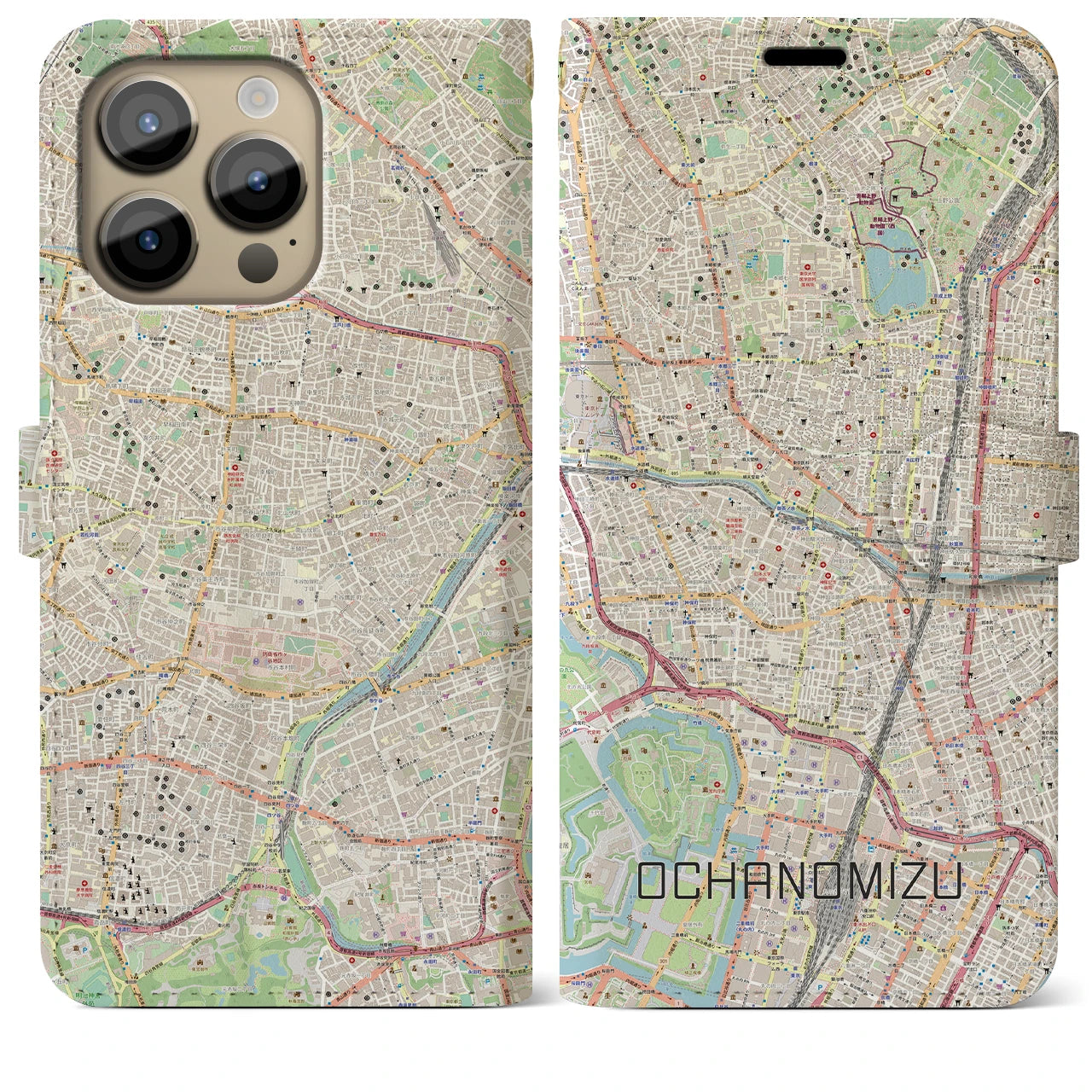 【御茶ノ水】地図柄iPhoneケース（手帳両面タイプ・ナチュラル）iPhone 14 Pro Max 用