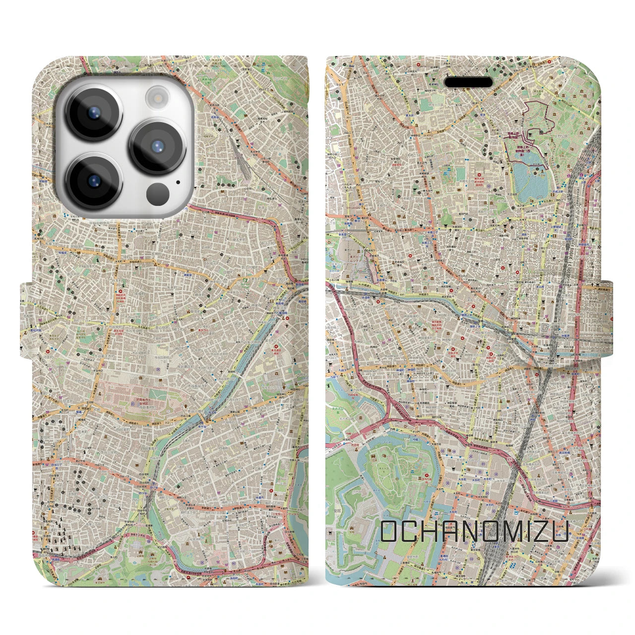 【御茶ノ水】地図柄iPhoneケース（手帳両面タイプ・ナチュラル）iPhone 14 Pro 用