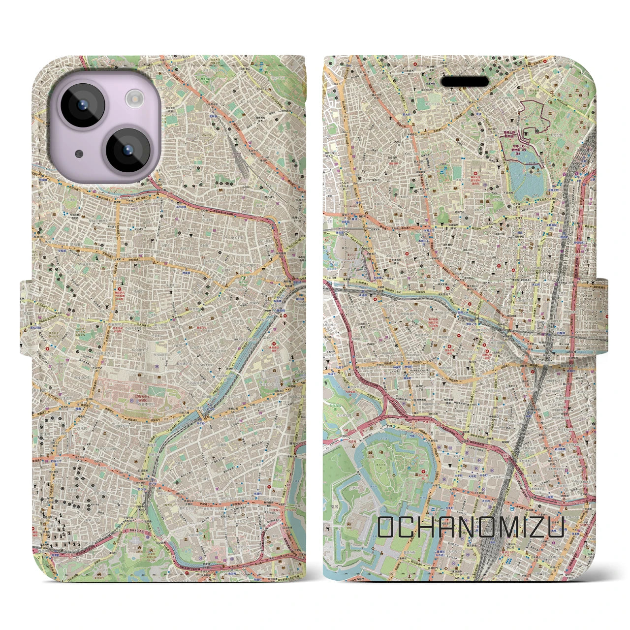 【御茶ノ水】地図柄iPhoneケース（手帳両面タイプ・ナチュラル）iPhone 14 用