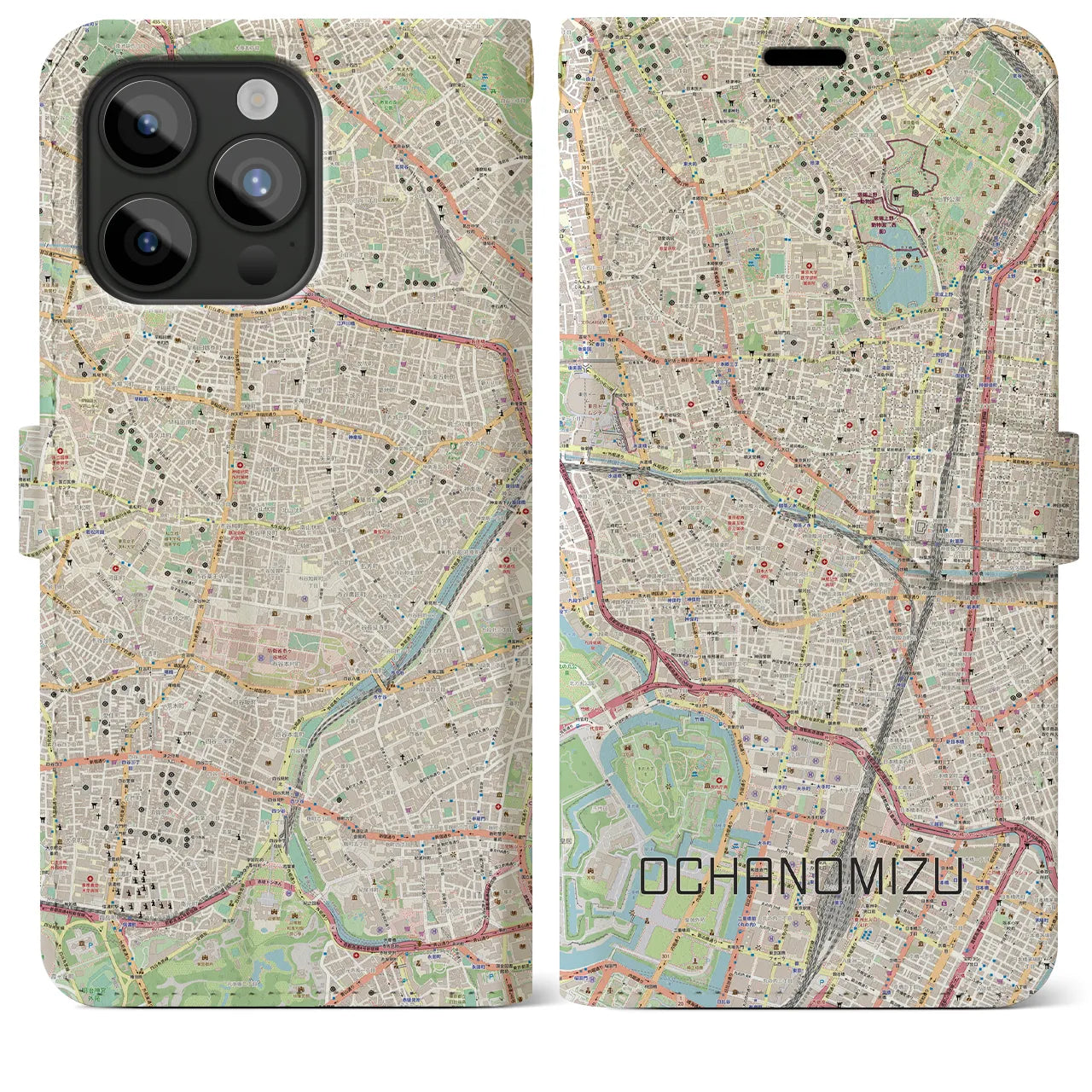 【御茶ノ水】地図柄iPhoneケース（手帳両面タイプ・ナチュラル）iPhone 15 Pro Max 用