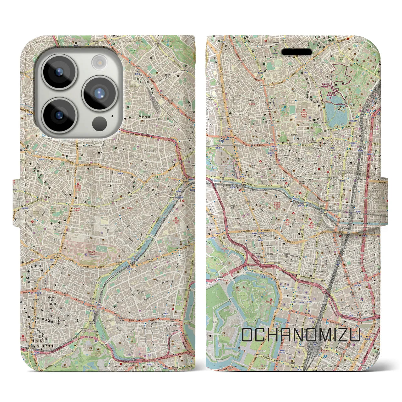 【御茶ノ水】地図柄iPhoneケース（手帳両面タイプ・ナチュラル）iPhone 15 Pro 用