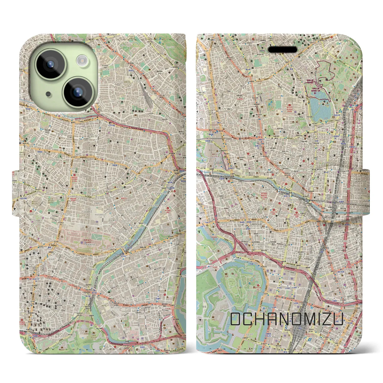 【御茶ノ水】地図柄iPhoneケース（手帳両面タイプ・ナチュラル）iPhone 15 用
