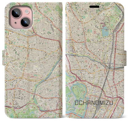 【御茶ノ水（東京都）】地図柄iPhoneケース（手帳タイプ）ナチュラル・iPhone 15 Plus 用