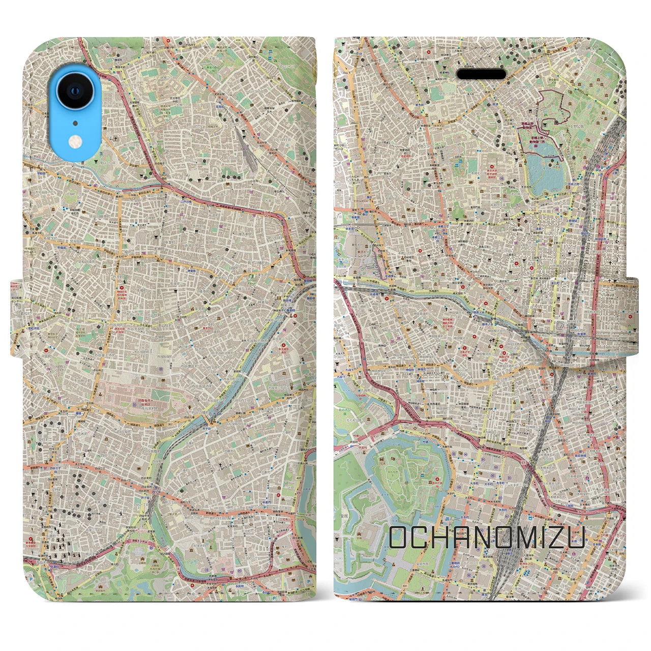 【御茶ノ水】地図柄iPhoneケース（手帳両面タイプ・ナチュラル）iPhone XR 用