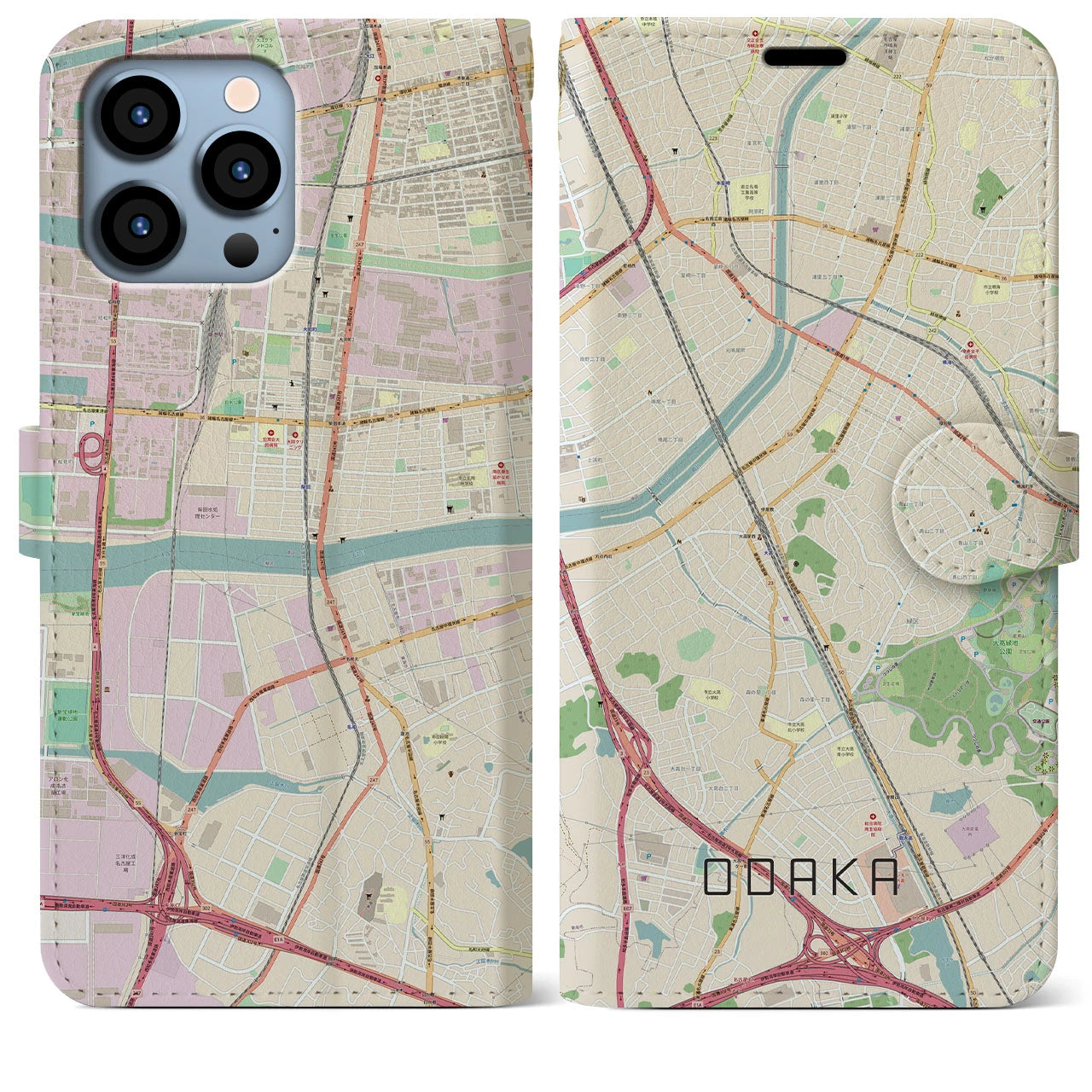 【大高】地図柄iPhoneケース（手帳両面タイプ・ナチュラル）iPhone 13 Pro Max 用