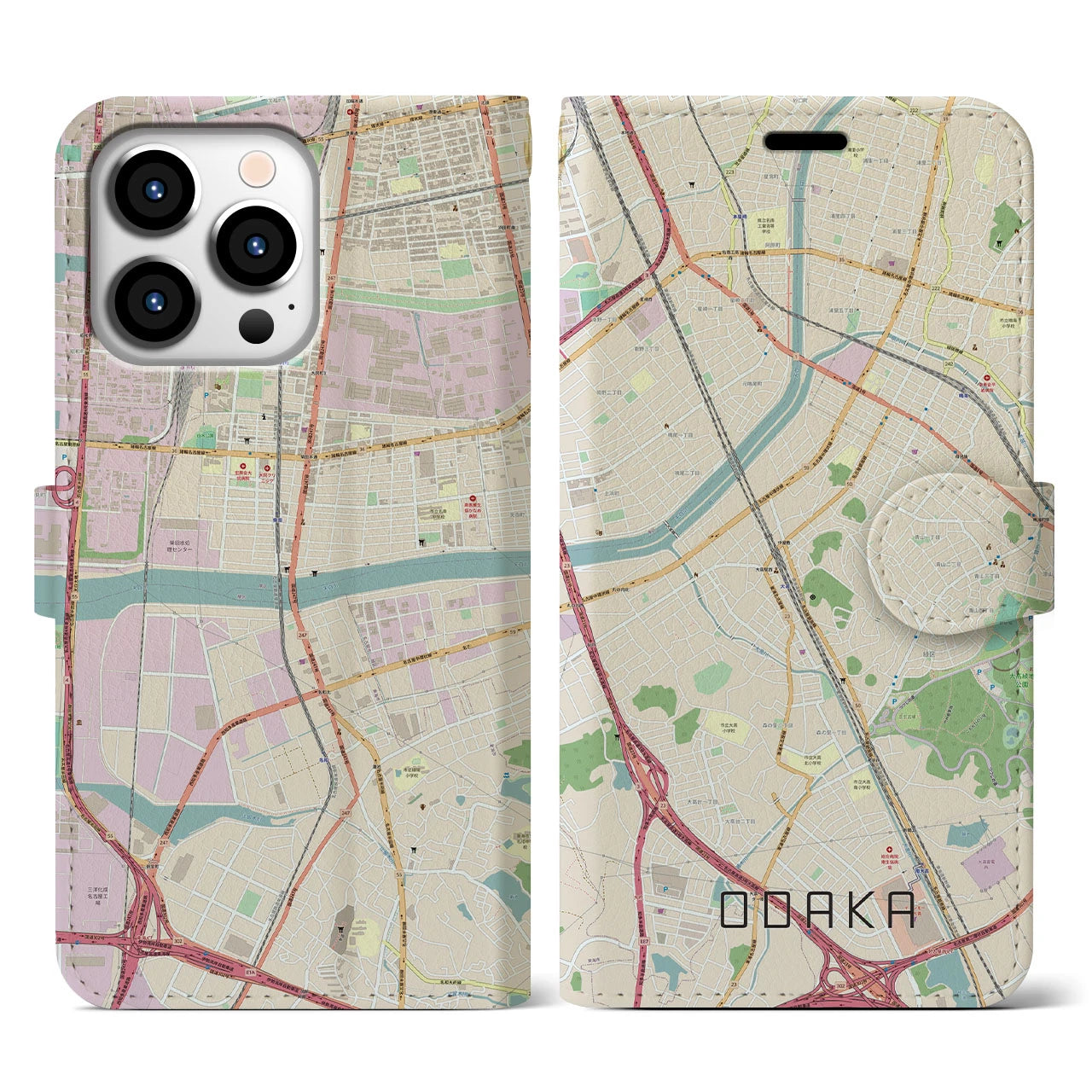 【大高】地図柄iPhoneケース（手帳両面タイプ・ナチュラル）iPhone 13 Pro 用