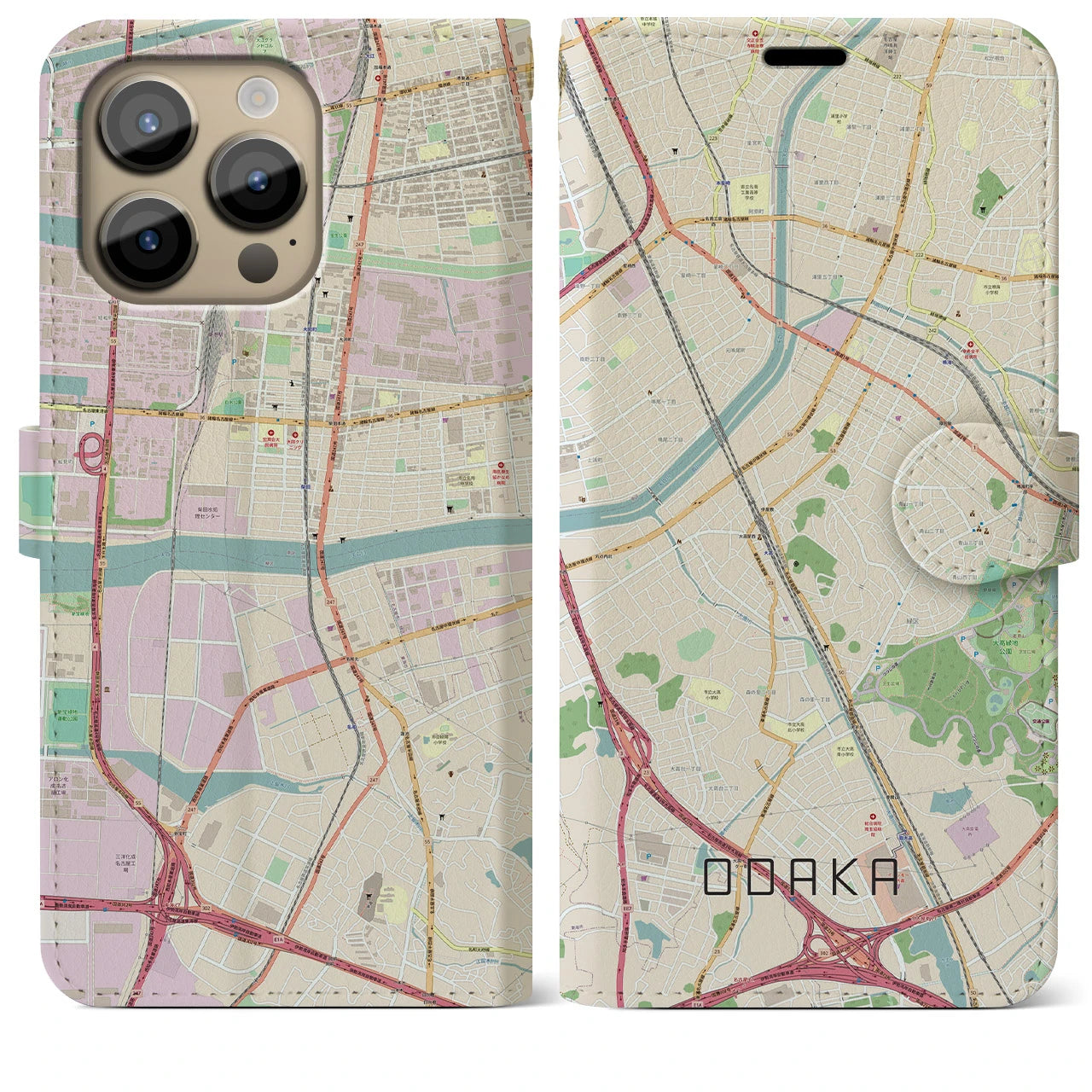 【大高】地図柄iPhoneケース（手帳両面タイプ・ナチュラル）iPhone 14 Pro Max 用