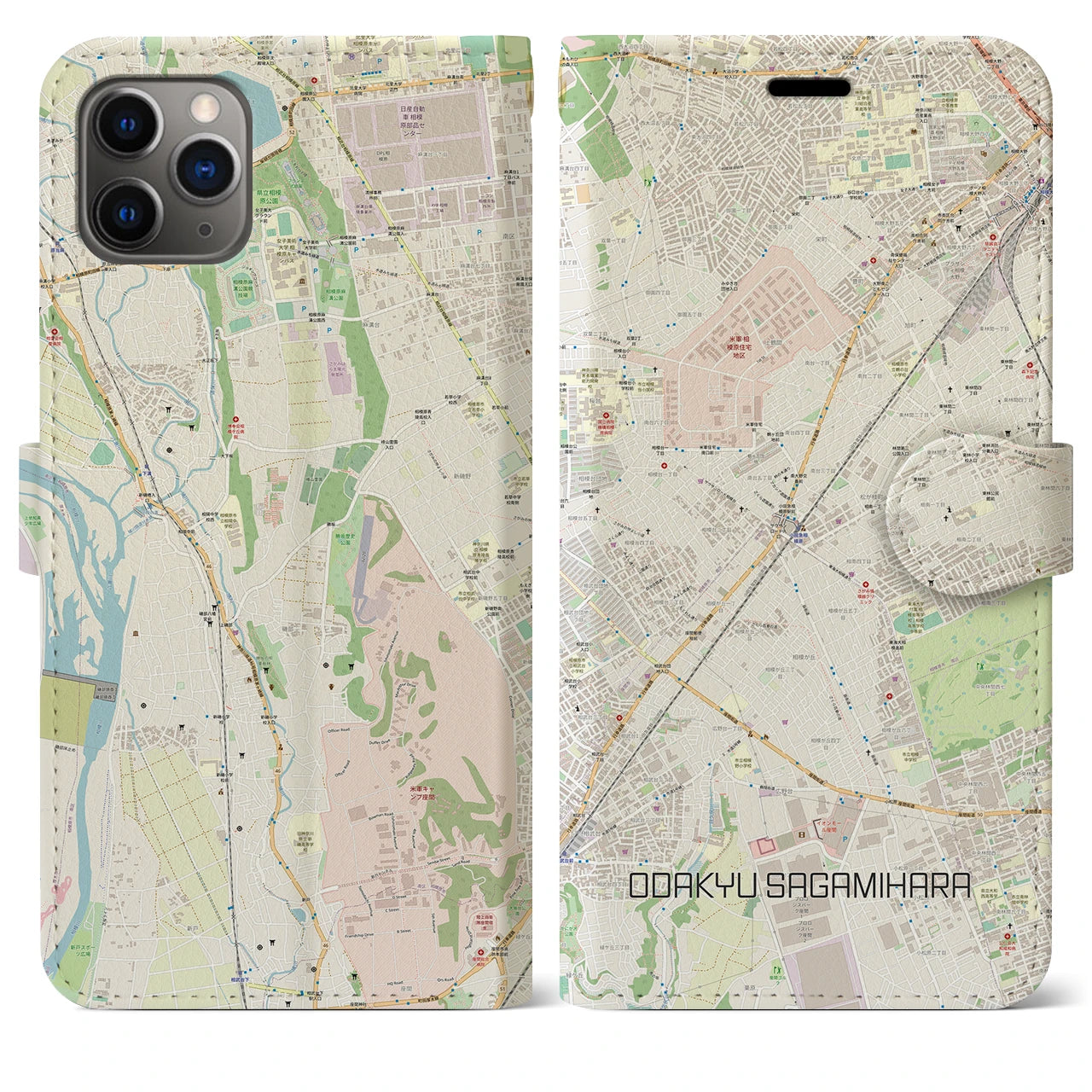 【小田急相模原】地図柄iPhoneケース（手帳両面タイプ・ナチュラル）iPhone 11 Pro Max 用