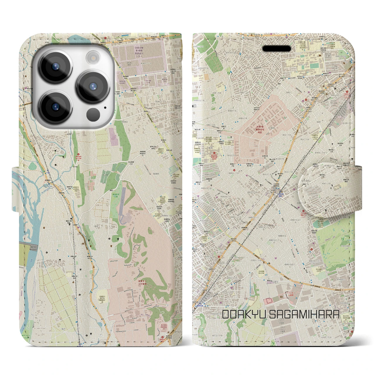 【小田急相模原】地図柄iPhoneケース（手帳両面タイプ・ナチュラル）iPhone 14 Pro 用